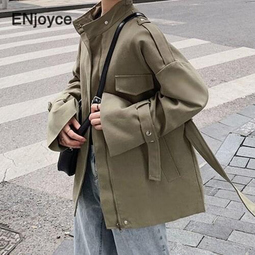 Vintage Green Pockets Loose Jacket with Belt Women Stand Collar Zipper Casual Single Breasted Harajuku Coats Trendy Spring Fall
