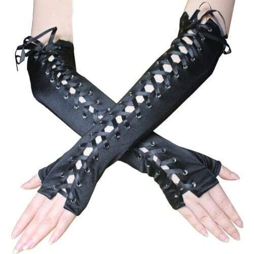 Satin Opera Evening Party Prom Costume Gloves Long Black Lace Tie Gloves Sexy Half Finger Nightclub Gloves