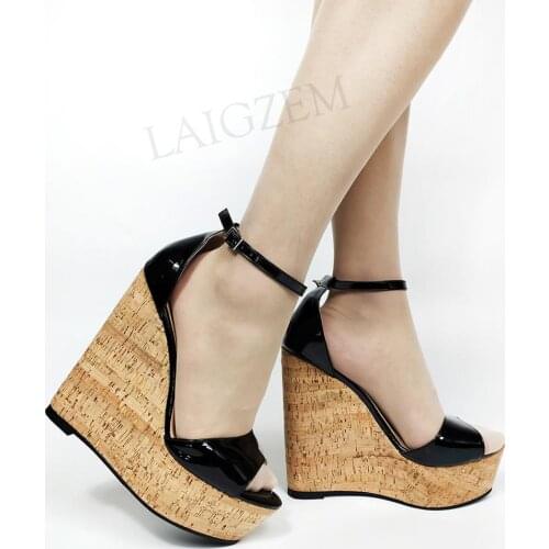 LAIGZEM Women Pumps Platform Cork Wedges Heels Ankle Strap Shoes Pumps Vrouwen Schoen Sandals Escarpins Large Size 44 46 50 52