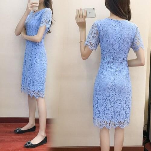 TingYiLi Women Summer Sheath Lace Dress Short Sleeve Hollow Out Blue Pink Red Black White Party Dress Korean Fashion Midi Dress