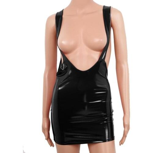 Women Faux Leather Open Breast Bodycon Mini Dress Suspender Wet Look Skirt Lingerie Outfit