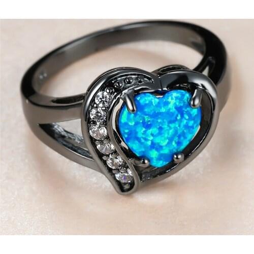 Cute Female Blue Heart Opal Stone Ring Charm 14KT Black Gold Wedding Rings For Women Luxury Bride Crystal Big Engagement Ring
