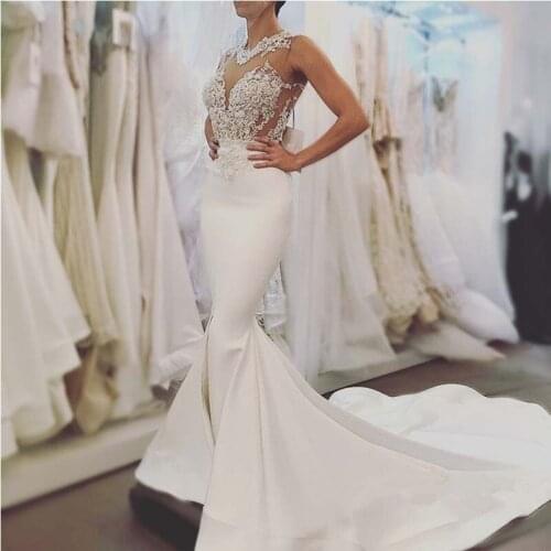 Noble Sexy Mermaid Wedding Dresses Fashion Illusion Bodice Bridal Gowns Backless Chapel Train Wedding Gowns Vestido De Novia
