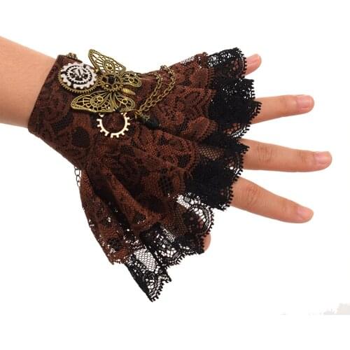 Steampunk Gothic Lolita Bracelet Women Gear Butterfly Lace Victorian Wristbands Gloves