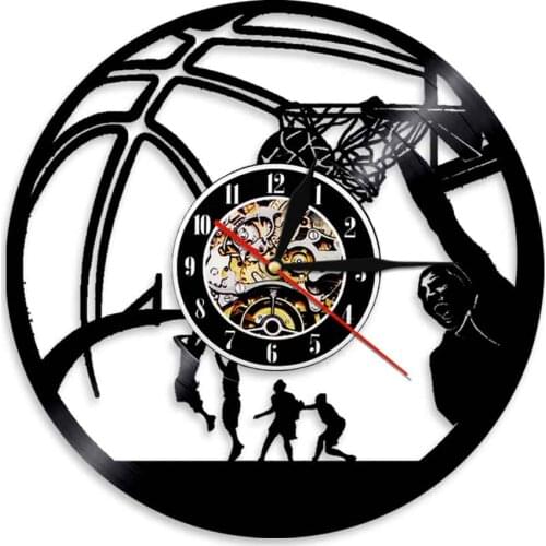 Basketball One Handed Slam Dunk Vinyl Record Wall Clock Basketball Player Silhouette Dunking Gramophone Music Record Clock Watch