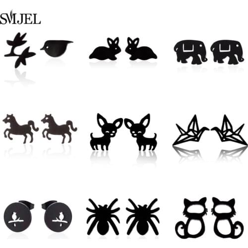 SMJEL Stainless Steel Black Earrings for Women Girls Fashion Small Unicorn Dog Bird Spider Animal Earings Jewelry Gifts