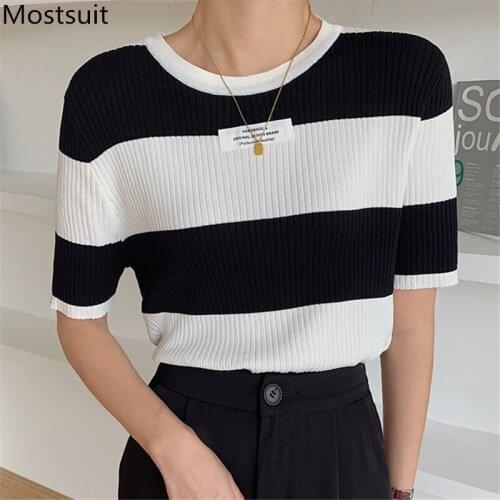 Color-blocked Striped Women Pullover Knitwear Short Sleeve O-neck Tops Korean Casual Fashion Ladies Jumpers Tops Femme 2021