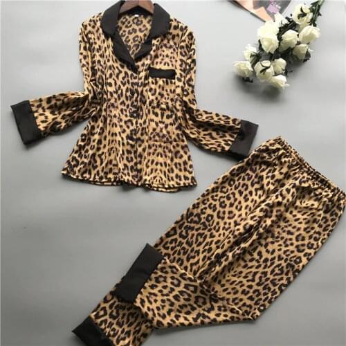 QWEEK Homewear Women Pajamas Leopard Satin Pijama Mujer Casual Elegant Pyjama Femme Silk