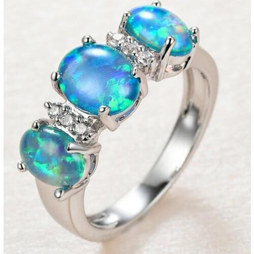 Blue Fire Opal Ring Oval Three Stone Rings For Women Simple Fashion Jewelry Vintage Fashion Silver Color Wedding Promise Ring