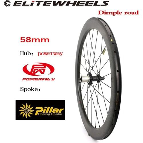 ELITEWHEELS 58mm Depth Dimple Carbon Fiber wheelset 700c Road Bike Wheel Clincher Tubular Aero Golf Surface Rim Powerway R51 Hub