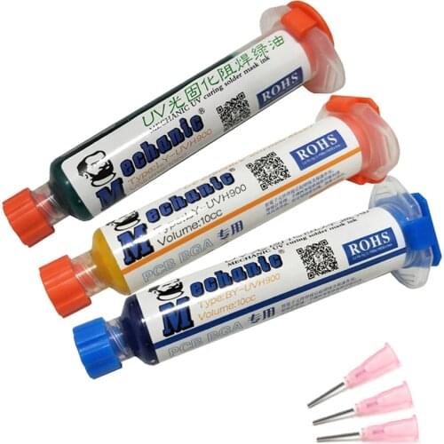 3pcs MECHANIC 10CC 3 color UV Curable Solder Mask + Needles Soldering Paste Flux Cream Welding Oil For PCB Circuit Board Protect