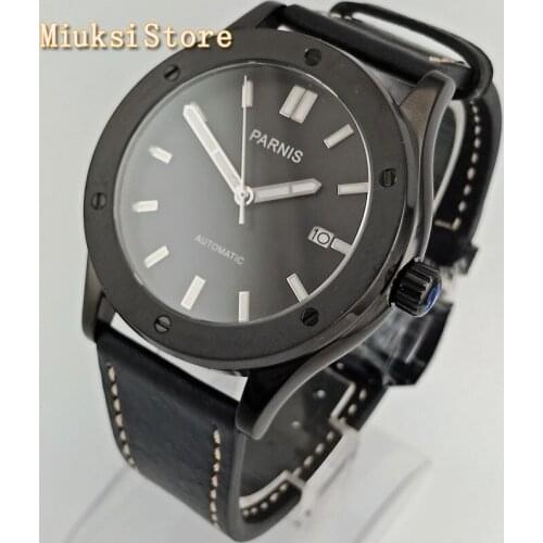 PARNIS 43mm black PVD case sapphire glass black dial luminous leather strap NH35A movement automatic mens top luxury watch