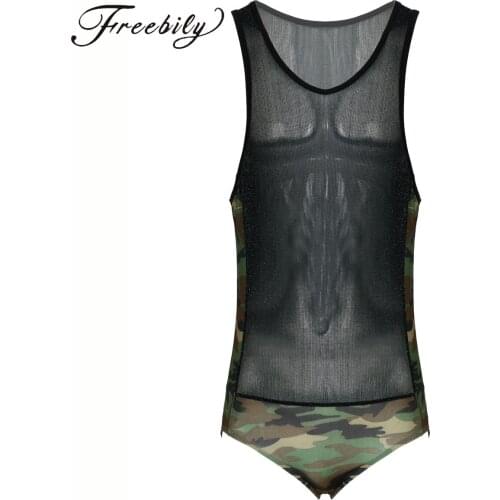 Men Shiny See-through Sleeveless Bodysuit Stretchy Camouflage Print Patchwork Leotard Nightwear Clubwear