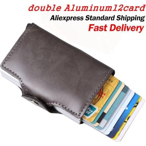 Men double Aluminum Leather Credit Card Holder RFID Metal Wallet Automatic pop up Anti-theft Purse Business ID Cardholder