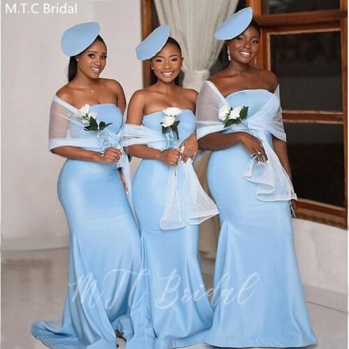 Mint Blue Sexy Strapless Bridesmaid Dresses Long Mermaid Satin Formal Wedding Guest Dress Plus Size Black Girls Prom Gowns Cheap