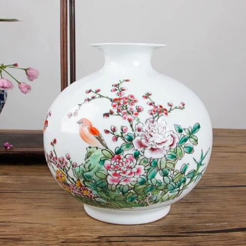 Chinese Home Decoration Tabletop Ceramic Bird Flower Vase Jingdezhen Antique Famille Rose Porcelain Vase