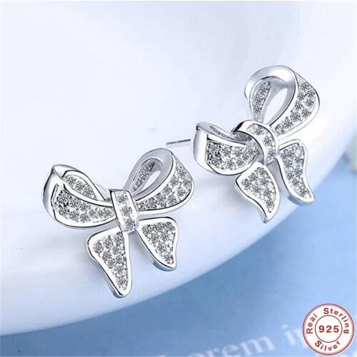 SHQIYAYI 925 Sterling Silver Bowknot Stud Earrings Fashion Jewelry CZ Crystal Zircon Korean Accessories Gift 916