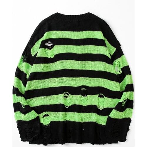 Knitted Striped Sweaters Women Hollow Out Hole Broken Sweater Autumn Jumper Loose Oversized Pullover Harajuku Streetwear
