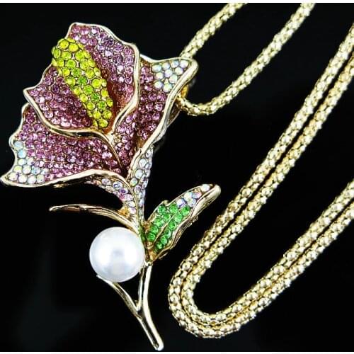 TianBo Free shipping female luxury Full crystal opal tulip flower pendant snake chain long necklace jewelry Bride accessory