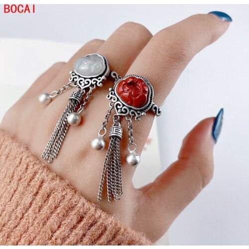 S925 sterling silver vintage silver craft ring inlaid with south red lotus tassel open female silver ring