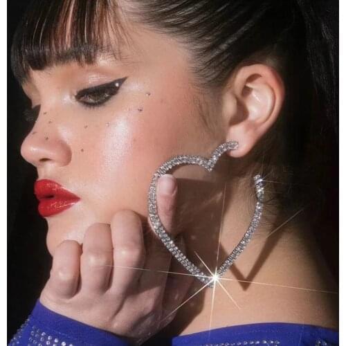 New Design Women Fashion Shiny Glass Crystal Gems Heart Hoop Earrings Jewelry Maxi Girls' Statement Earrings Accessories