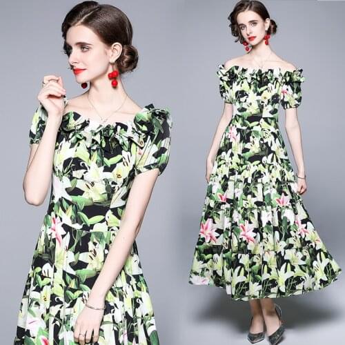 Menahem 2021 Summer Runway Boho Long Dress Womens Off The Shoulder Short Puff Sleeve Lily Floral Print Ruffles Beach Dress