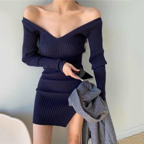 Solid color Women Ribbed Knitted Mini Dress Sexy V Neck Off Shoulder 2021 Bodycon Skinny Dresses Party Elegant Goth Clothes