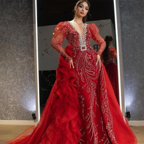 2021 Red Mermaid Evening Dress with Detachable Train Sheer V Neck Beading Prom Gowns Long Sleeves Formal Party Wear