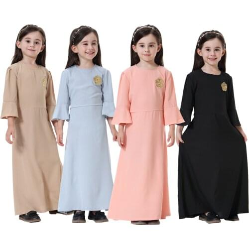 2021 Summer 3/4 Sleeve Little GirlL Long Dress Arab Kids Robe Solid Color Muslim Clothes Dubai Abaya Islamic Clothing For Child