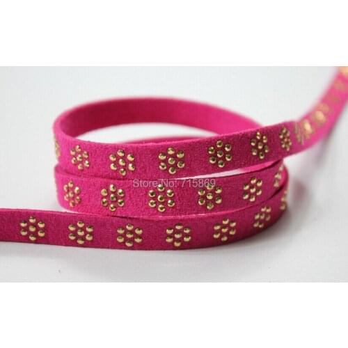 Free Ship 100 Meterse Gold Rivet Magenta 10 mm Flat Faux Suede Leather Cord with Gold Acrylic Stones Flower