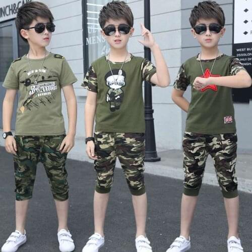 Kids boys short-sleeved Camouflage suit 2020 new summer childrens cotton casual T-shirt+shorts boys girls clothes 2-13 yrs
