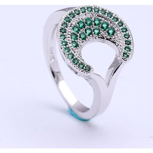 Hainon Silver Color Green Cubic Zirconia Moon Finger Ring for Women Unique Design Wedding Engagement Size6-9 Ring Big Promotion