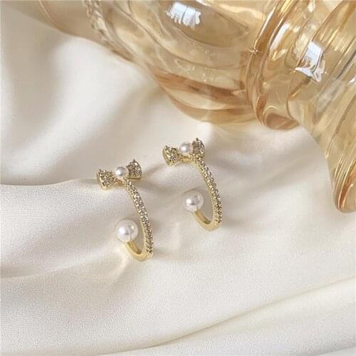 Simulated-pearls Fully Cubic Zircon Bowknot Earrings Hoops C Shape Shiny Korean Earrings