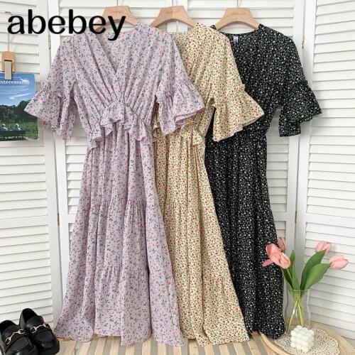 Sweet V-neck flare sleeve Dress high waist pleated waist Ruffles floral mid-length A-line Dress 2021 New Summer