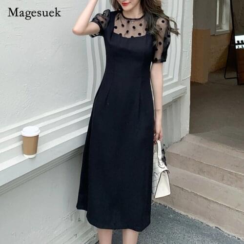 2021 New French Style O-neck Polka Dot Stitching Dress Fake Two Piece Summer Dress Midi Long Dresses A-line Sweet Dresses 14691