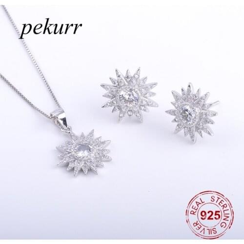 Pekurr 925 Sterling Silver Big Zircon Sunshine Earrings Necklace Sets For Women Burning Sun Pendants Party Jewelry Sets