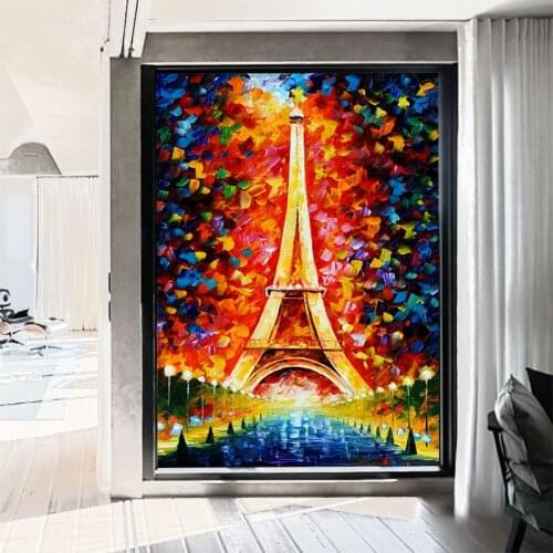 Living room sliding door wardrobe sliding door cabinet sticker window custom oil painting iron tower porch glass film
