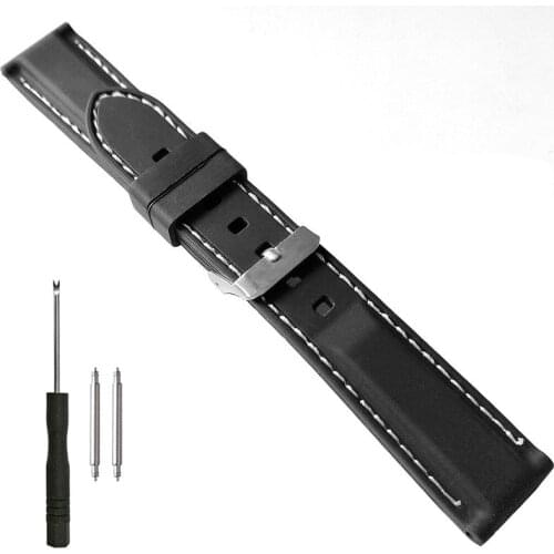 20mm 22mm Black Silicone Rubber Watch Band White Contrast Stitching Soft Strap for SEIKO CITIZEN Sports Diver Watches