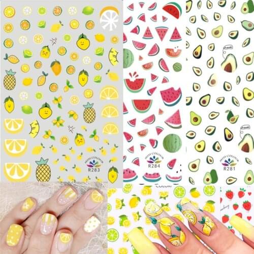 Juice Lemon Nail Decals 3D Adhesive Sliders Fruits Strawberry Pineapple Nails Art Stickers Summer Designs Decoartions