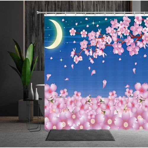 Flowers Shower Curtain Dream Pink Cherry Blossom Half Moon Hand Painted Pattern Washable Fabric Home Bath Hanging Curtains Set