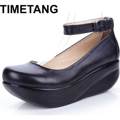 TIMETANG New Womens Genuine Leather Platform Shoes Wedges Black Lady Casual Shoes Swing High Heels shoe Plus Size 34-43