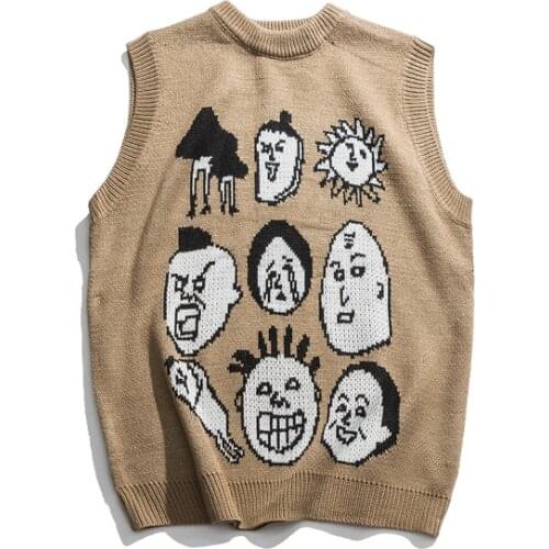 Japanese Harajuku Knitted Graphic Vest for Men and Women Urban Streetwear Knit Ukiyo-e Pullover Sweater Vest Plus Size