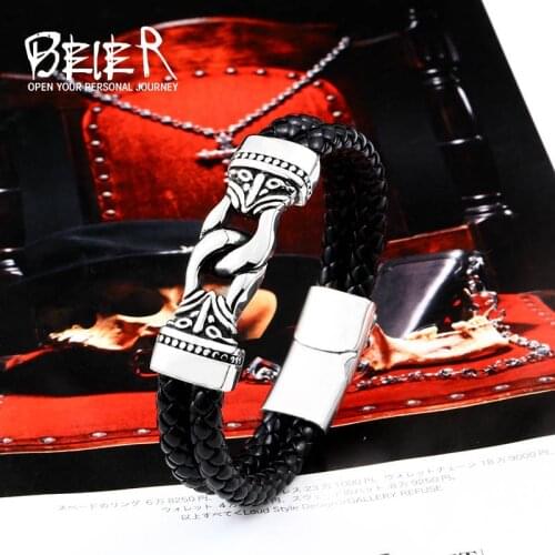 Beier new store Viking totem Rune Bracelet Nordic Raytheon Hammer Double Buckle High Quality Jewelry LLBC-L034