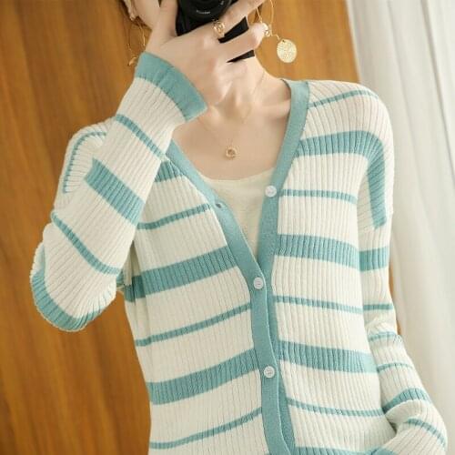 21 Hot sale fashion slim V-neck sweater color matching knit 100% cotton long-sleeved cardigan womens coat sweater ATTYYWS brand