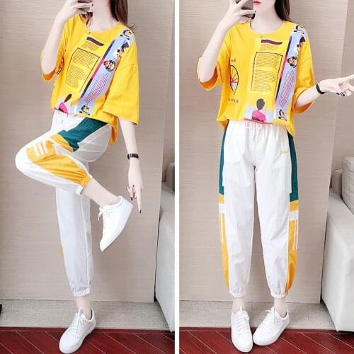 Casual Sportsweart Suit 2020 Female Summer New Korean Printed Loose Wide Leg Pants Two-piece Set Women Tracksuit Sets W2060
