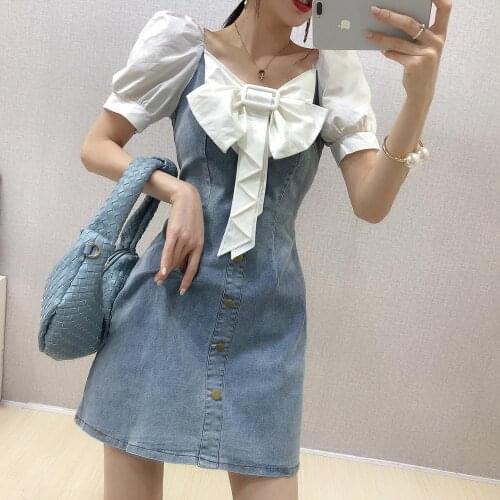 Sommerkleid 2020 Women Denim Dresses Summer Autumn short Casual bowknot patchwork Single Breasted square collar Dresses robe