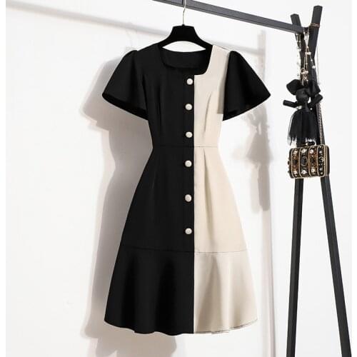 Plus Size Office Ladies Patchwork Dresses 2021 Summer Short Sleeve High Waist Elegant A-Line Vestidos De Fiesta Female Dress