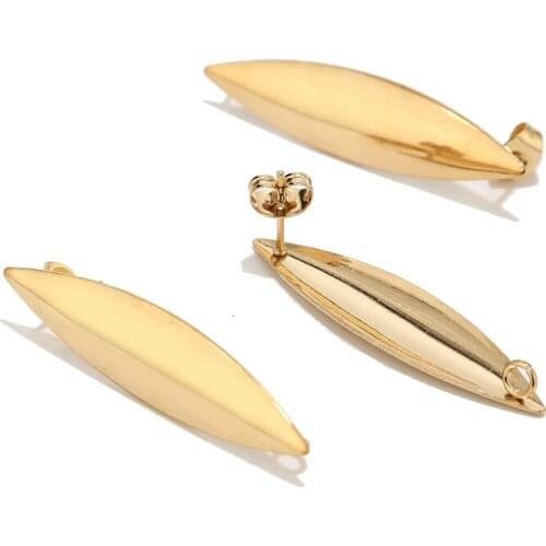 100pcs Gold Plated Stainless Steel Willow Leaf Large Earrings Post Connectors With Ring DIY Earring Findings