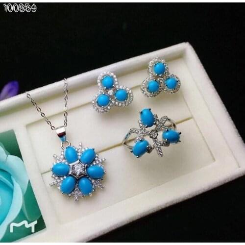 100% Natural and Real Turquoise Set 925 sterling silver 1pc Turquoise Ring,2pcs Turquoise Earring,1pc Turquoise Pendant