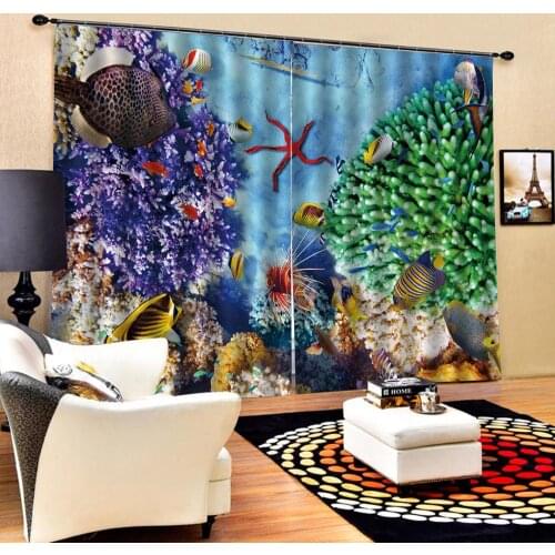 2 Panels With Hooks Underwater World Tropical Fish Curtain For Childrens room Bedroom Sunshade Blackout Window Drapes Decor